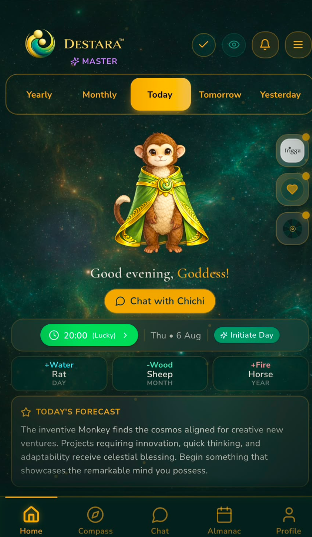 Destara app home screen with today's forecast
