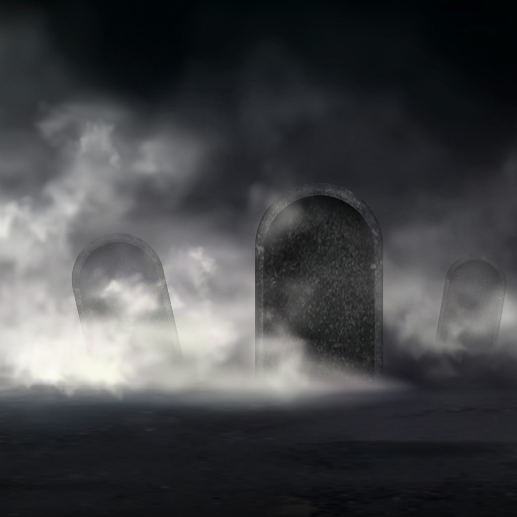 Old cemetery at night realistic vector with sloping gravestones covered thick fog in darkness illustration. Mysterious mist on graveyard. Creepy Halloween background with mystical scene in moonlight